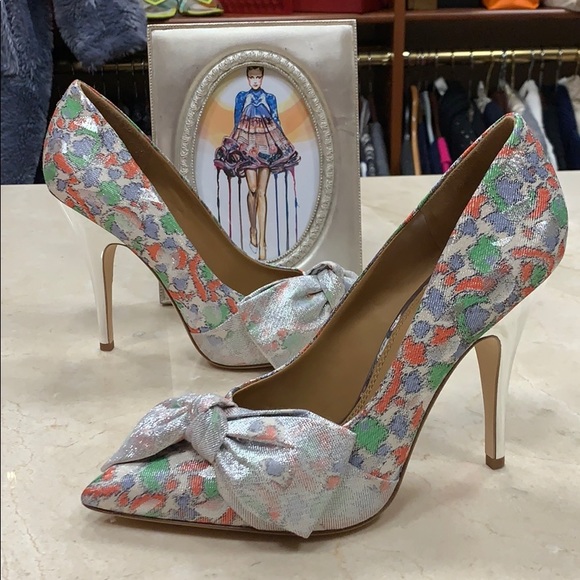 HOST PIC TORY BURCH 110MM BOW PUMP CHINE LUREX JACQUARD FABRIC SILVER HEEL 8 1/2 - Picture 2 of 13